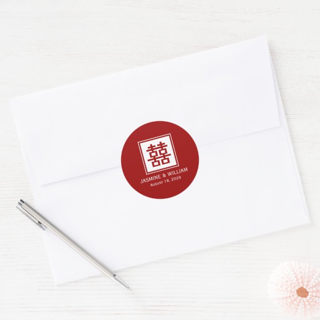 Classic Square Double Happiness Chinese Wedding Round Sticker (Envelope)