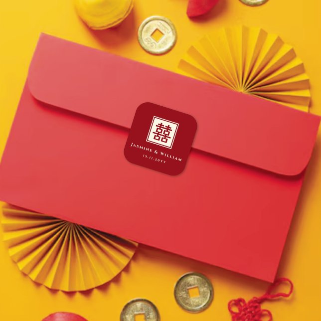 Classic Square Double Happiness Chinese Wedding Square Sticker (Classic Square Double Happiness Modern Chinese Wedding Party Favor Sticker / Envelope Seal )
