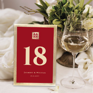 Classic Square Double Xi Red Gold Chinese Wedding Table Number