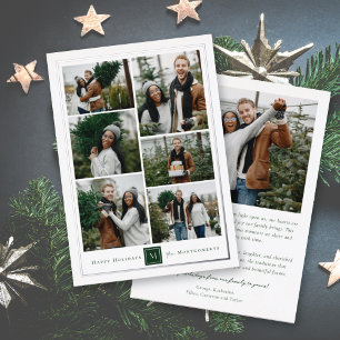 Classic Square Monogram Minimalist 6 Photo Collage Foil Holiday Card