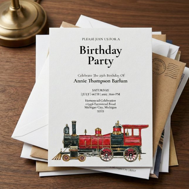 Classic Steam Locomotive Birthday Party Invite (Start your train birthday party right here.)