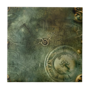 Classic Steampunk Clockwork Emerald Green Ceramic Tile