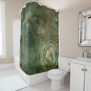 Classic Steampunk Clockwork Emerald Green Shower Curtain
