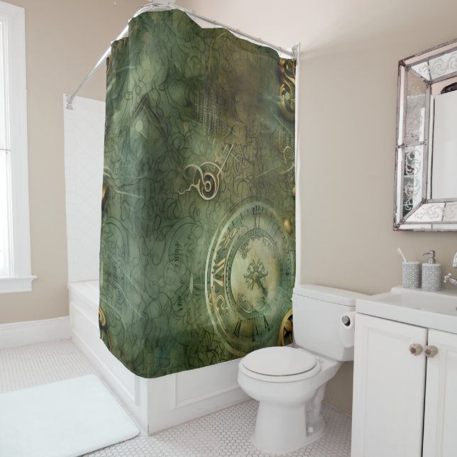 Classic Steampunk Clockwork Emerald Green Shower Curtain (In Situ)