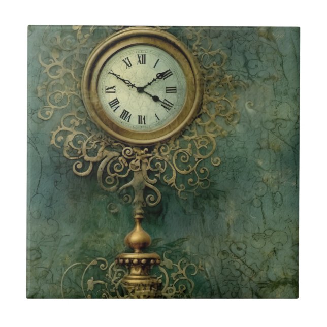 Classic Steampunk Clockwork with Emerald Rustic Ceramic Tile (Front)