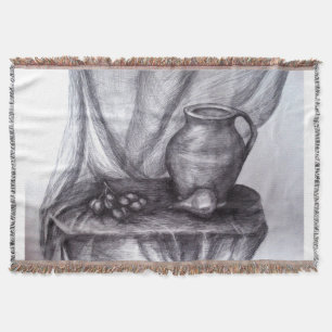 Classic Still Life Pencil Drawing Throw Blanket