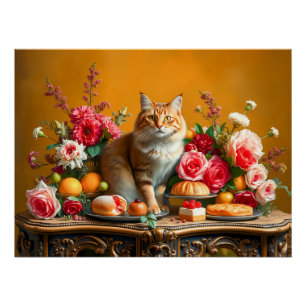 Classic Still Life with Cat and Nature's Bounty Poster