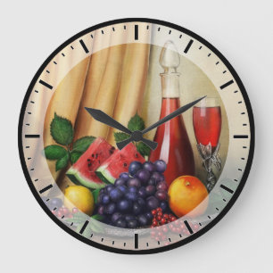 Classic still life with wine and fruits large clock