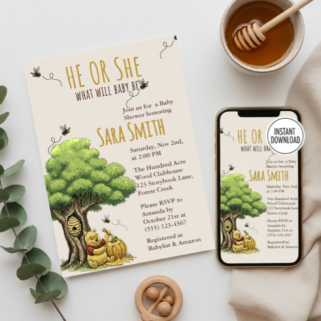 Classic Storybook Bear "What Will Baby Bee" Baby Invitation (Creator Uploaded)