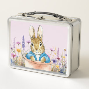 Classic Storybook Rabbit in Pot Plant Wildflowers  Metal Lunch Box