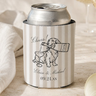Classic Stripe Hand Sketch Dachshund Wedding Can Cooler