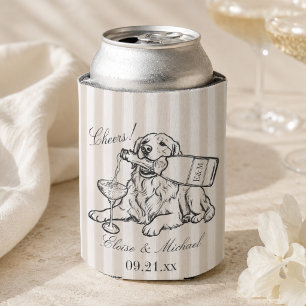 Classic Stripe Sketch Golden Retriever Wedding Can Cooler