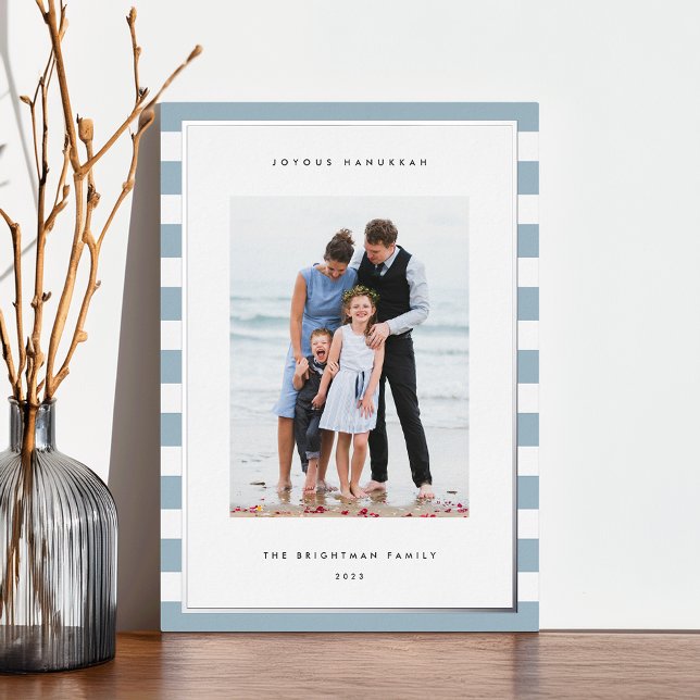 Classic Stripe | Vertical Photo Hanukkah Silver Foil Holiday Card (Creator Uploaded)