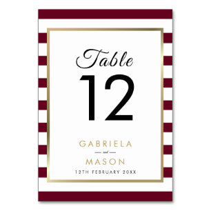 Classic Stripe Wedding Burgundy Faux Gold Foil Table Number