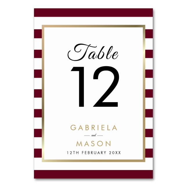 Classic Stripe Wedding Burgundy  | Faux Gold Foil Table Number (Front)