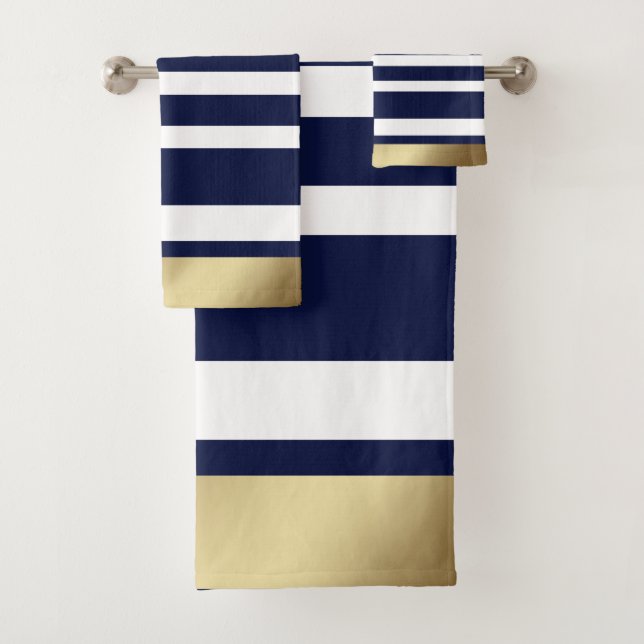 Classic Stripes Blue, White, Gold  Bath Towel Set (Insitu)
