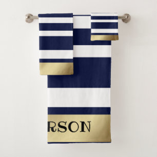 Classic Stripes Blue, White, Gold  Personalized Bath Towel Set