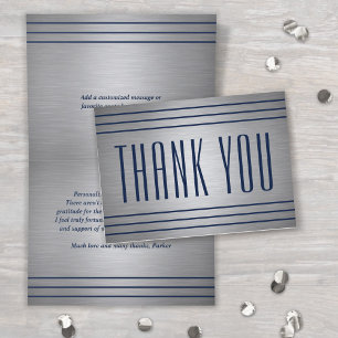 Classic Stripes Brushed Grey and Navy Blue Folded Thank You Card