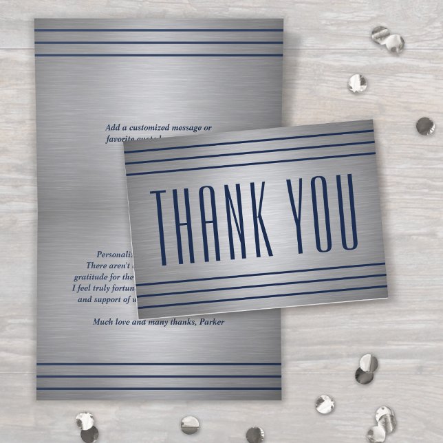Classic Stripes Brushed Grey and Navy Blue Folded Thank You Card (Creator Uploaded)
