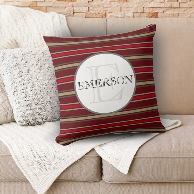 Classic Stripes Burgundy Red Tan White Custom Cushion (Classic Stripes Burgundy Red Tan White Custom Throw Pillow)