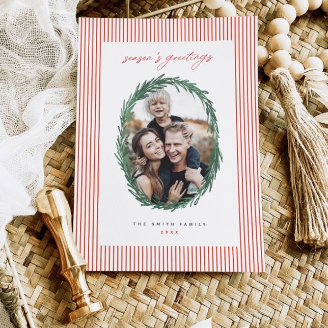 Classic Stripes Christmas Holiday Wreath Flat Card (Creator Uploaded)