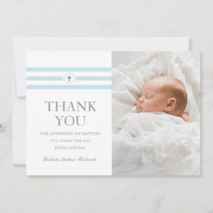 Classic Stripes Gold Cross Photo Baptism Thank You Card