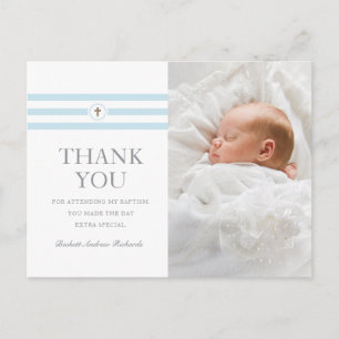 Classic Stripes Gold Cross Photo Baptism Thank You Invitation Postcard