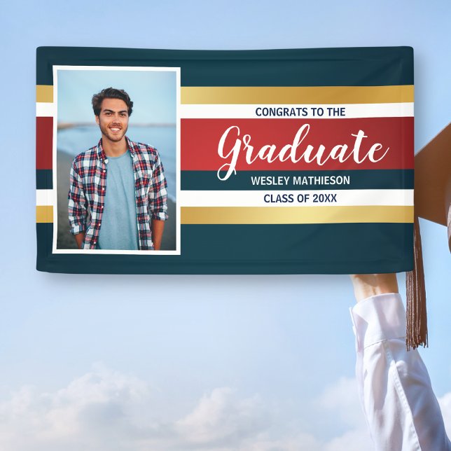 Classic Stripes Graduate Photo Graduation Party Banner (Creator Uploaded)
