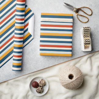 Classic Stripes Navy Blue Red Yellow Minimal Wrapping Paper