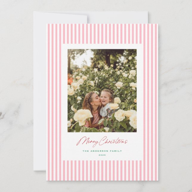 Classic Stripes Pink Christmas Holiday Photo Card (Front)