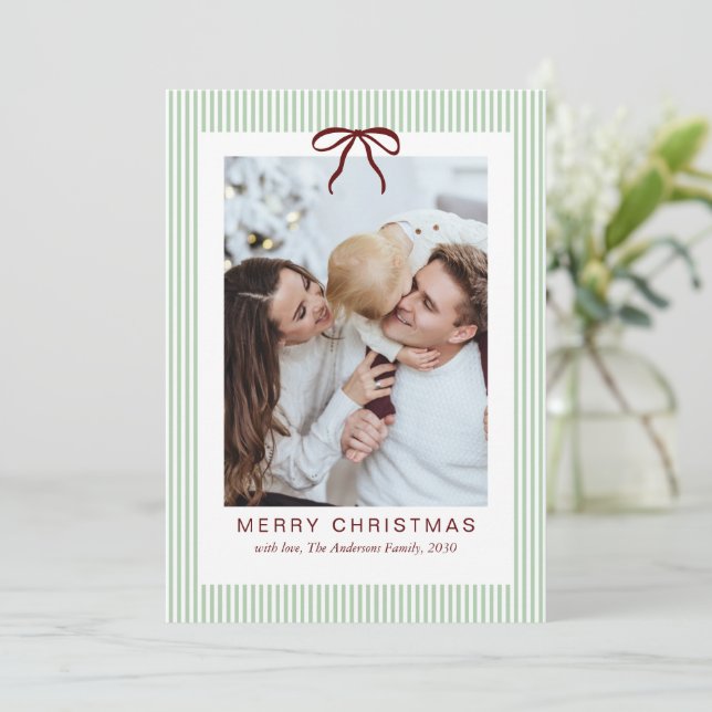 Classic Stripes Red Bow Frame Christmas Photo  Holiday Card (Standing Front)