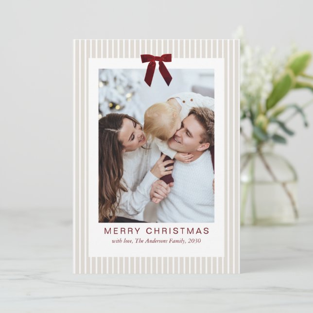 Classic Stripes Red Bow Frame Christmas Photo  Holiday Card (Standing Front)