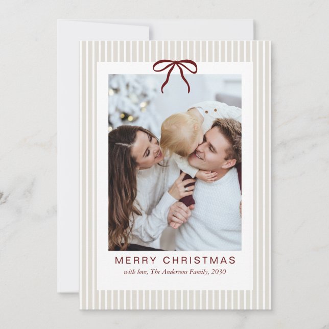 Classic Stripes Red Bow Frame Christmas Photo  Holiday Card (Front)
