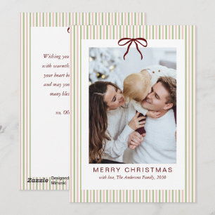 Classic Stripes Red Bow Merry Christmas Photo  Holiday Card