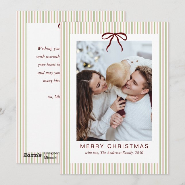Classic Stripes Red Bow Merry Christmas Photo  Holiday Card (Front/Back)