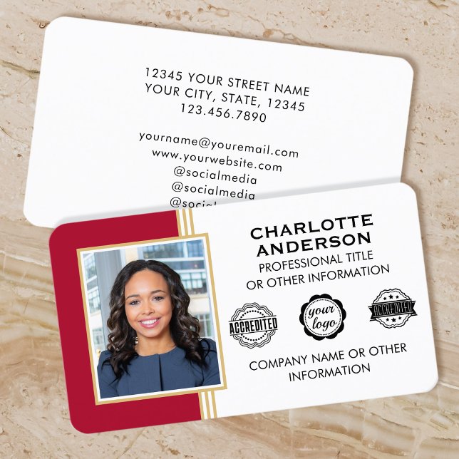 Classic Style Custom ID Photo Red Gold Business Card (Creator Uploaded)