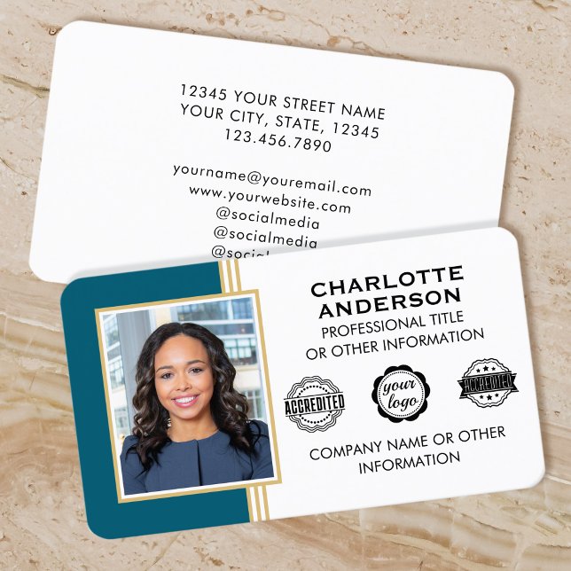 Classic Style Custom ID Photo Teal Gold Business Card (Creator Uploaded)