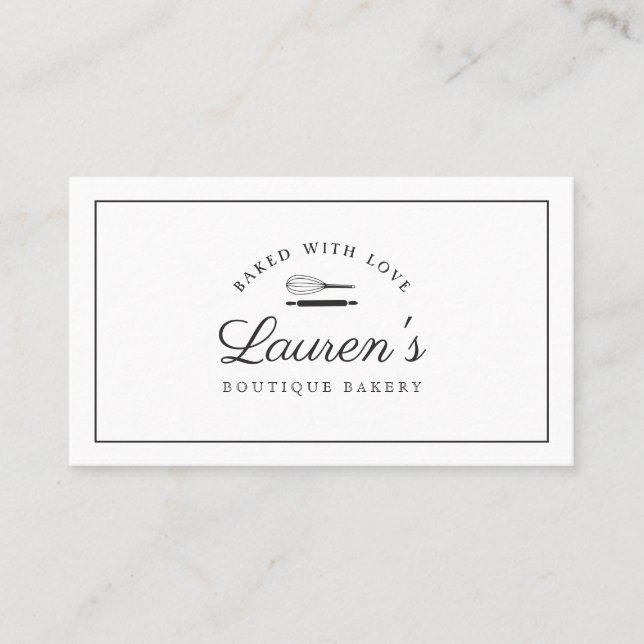 Classic Style Home Bakery Logo Baked with Love Business Card (Front)