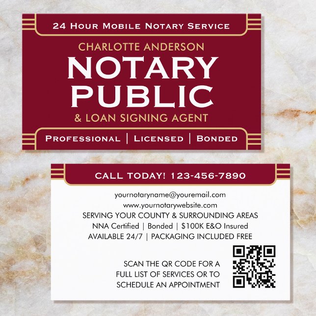 Classic Style Mobile Notary Public ID Burgundy Business Card (Creator Uploaded)
