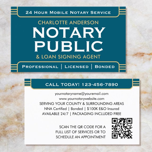 Classic Style Mobile Notary Public ID Teal Gold Business Card (Creator Uploaded)