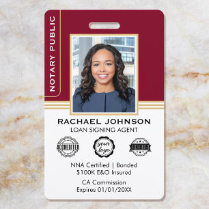 Classic Style Notary Signing Agent ID Burgundy Badge