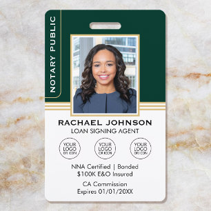 Classic Style Notary Signing Agent ID Green Gold Badge