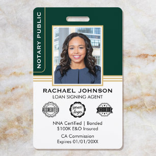 Classic Style Notary Signing Agent ID Green Gold ID Badge