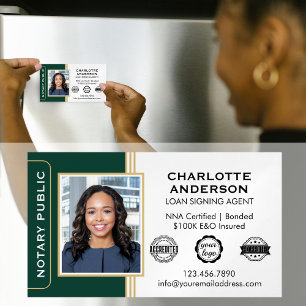 Classic Style Notary Signing Agent ID Green Gold Magnetic Business Card