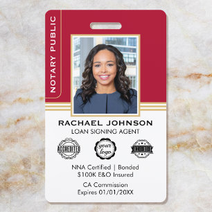 Classic Style Notary Signing Agent ID Red Gold Badge