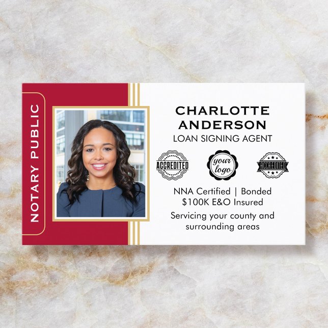 Classic Style Notary Signing Agent ID Red Gold Business Card (Creator Uploaded)