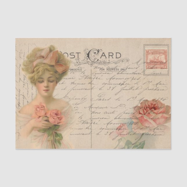 Classic Style Postcard/Victorian Lady With Roses Tissue Paper (Front)