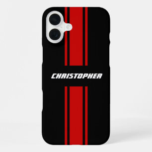 Classic Stylish Red Black Racing Stripes Monogram iPhone 16 Plus Case