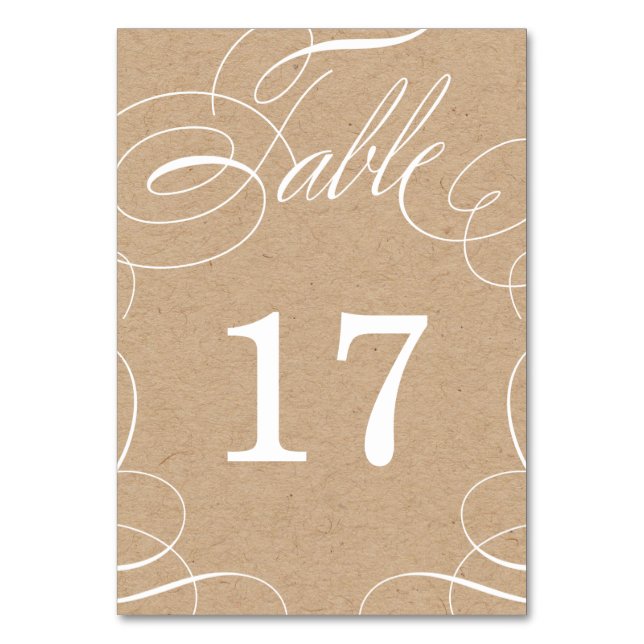 Classic Swash Faux Kraft Wedding Table Number Card (Front)