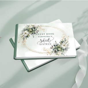 Classic Sweet 16 green and white watercolor botani Guest Book